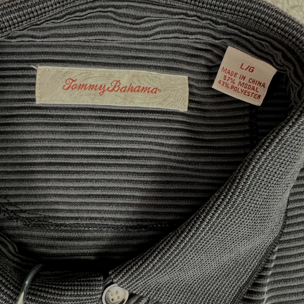 Tommy Bahama Mens Large Polo Shirt Black Grey Striped Textured Modal Blend Short - Picture 4 of 8